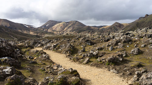 Empty volcanic trail in highlands of iceland at landmannalaugar