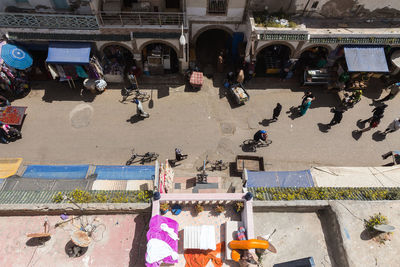 High angle view of people outside building