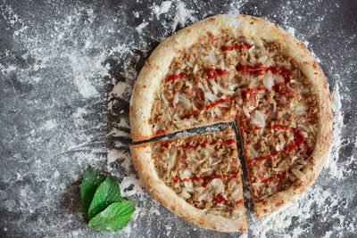 Directly above shot of pizza on table