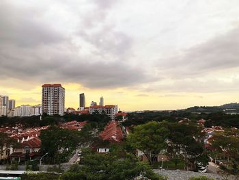 High angle view of buildings in city against sky