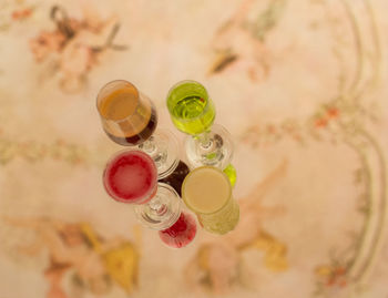 High angle view of drinks on restaurant table