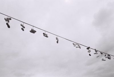 Low angle view of birds perching on cable against sky