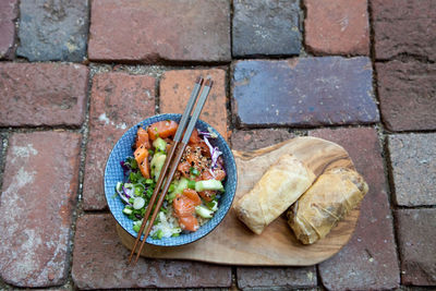 High angle view of food on cutting board