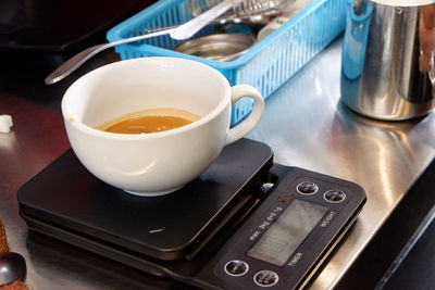 High angle view of coffee on table at home