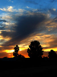 Silhouette trees against dramatic sky during sunset