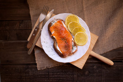 High angle view of breakfast served on table