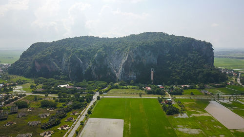 High angle view of trees on landscape against sky