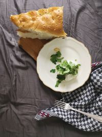 High angle view of breakfast served on table