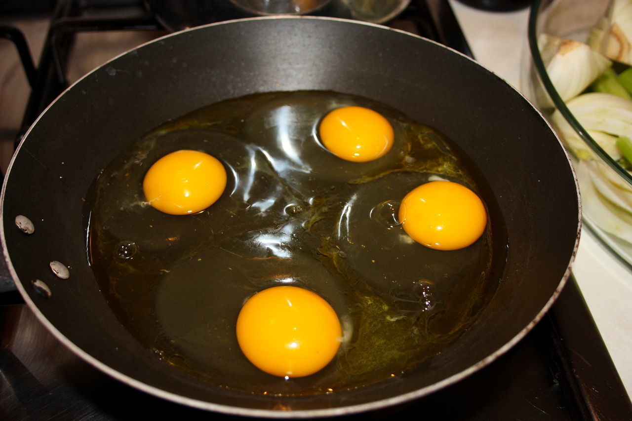 HIGH ANGLE VIEW OF YELLOW EGGS IN FRYING PAN