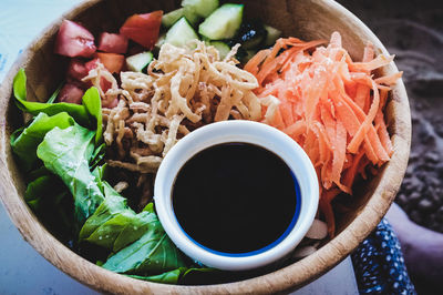 High angle view of meal served in bowl on table