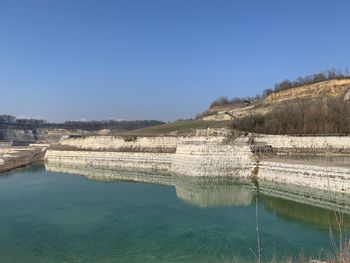 Scenic view of lake against clear blue sky