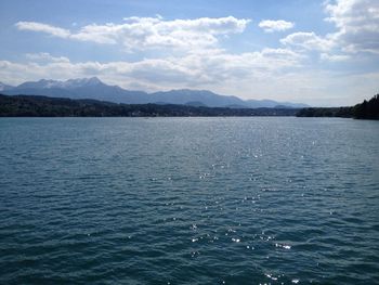 Scenic view of lake against cloudy sky