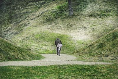 Rear view of man biking along green hills