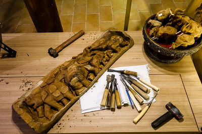 High angle view of tools on table