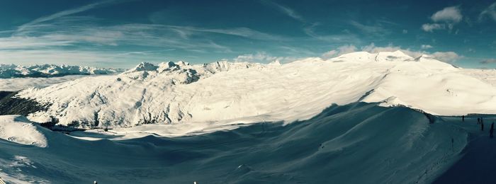 Panoramic view of snowcapped mountains against sky