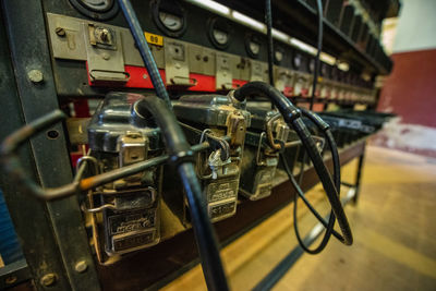 Close-up of vintage machinery in factory