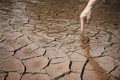 Low section of person walking on cracked land
