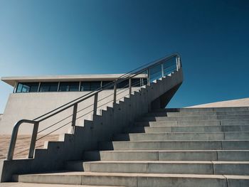 Low angle view of staircase against clear blue sky