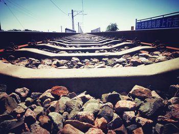 Surface level of railroad tracks against clear sky