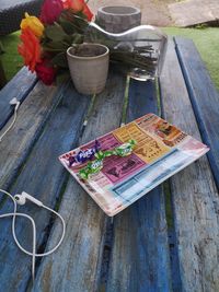 High angle view of potted plants on table at yard