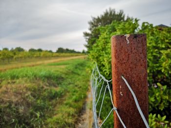 Close-up of wooden post on field against sky