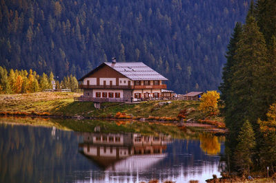 Reflection of trees and buildings on lake