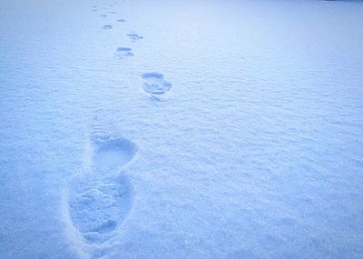 Footprints on frozen landscape
