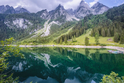 Scenic view of lake and mountains against sky