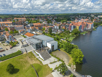 Aerial photo of skanderborg culturehouse in sunshine, denmark