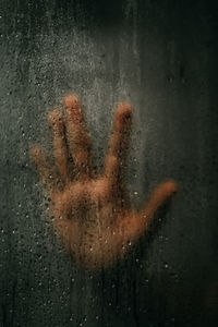 Person seen through wet glass window