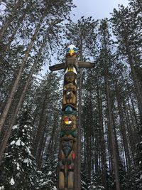 Low angle view of statue against trees in forest