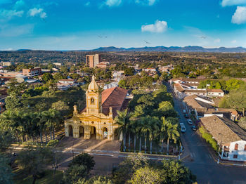 High angle view of buildings in city