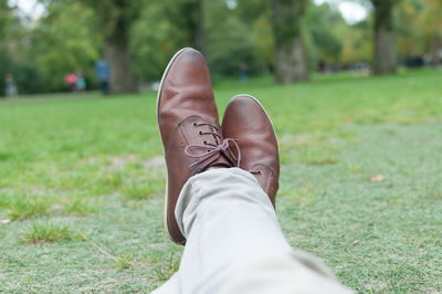 Low section of person standing on grassy field