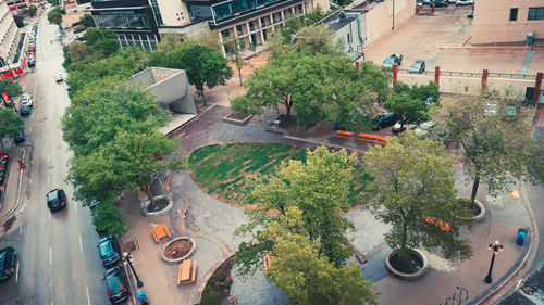 High angle view of street in town
