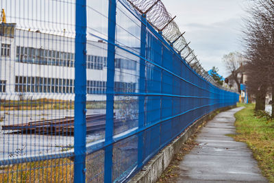 Barbed wire on blue fence of restricted area. no unauthorized entry. new fence of military territory