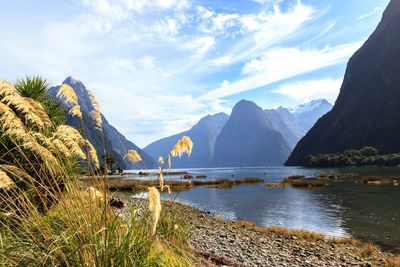 Scenic view of lake and mountains against sky