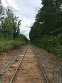 Empty railroad track amidst trees against sky