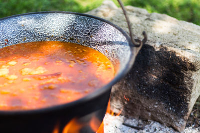 High angle view of soup