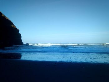 Scenic view of sea against clear blue sky