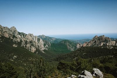 Scenic view of mountains against clear blue sky