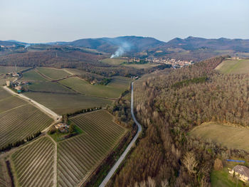 High angle view of agricultural field against sky