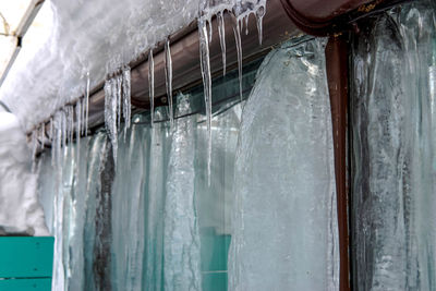 Close-up of icicles in row