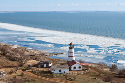 Lighthouse by sea against sky