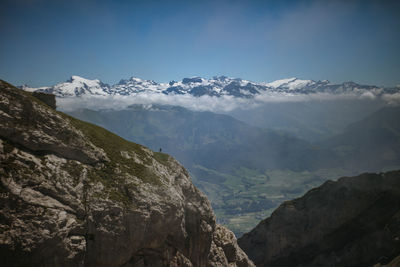 Scenic view of mountains against sky during winter