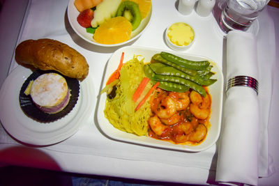 High angle view of meal served on table