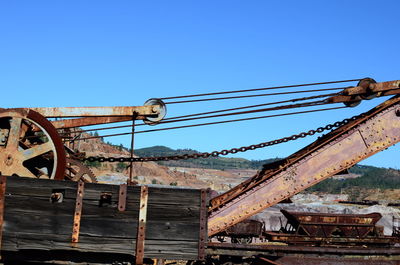 Rusty train against clear blue sky