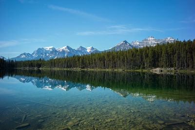 Scenic view of lake and mountains against blue sky