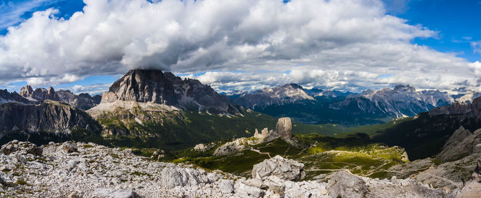 Scenic view of mountains against cloudy sky