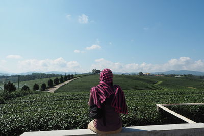 Rear view of woman sitting against agricultural field