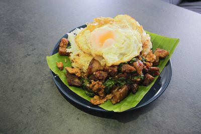 High angle view of breakfast served on table